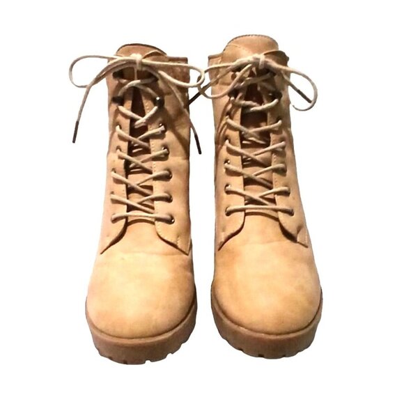 Just Fab Ankle Boot Women 11 Tan Lace Up Chunky Heel Knit Cuff Faux Leather - Picture 2 of 7